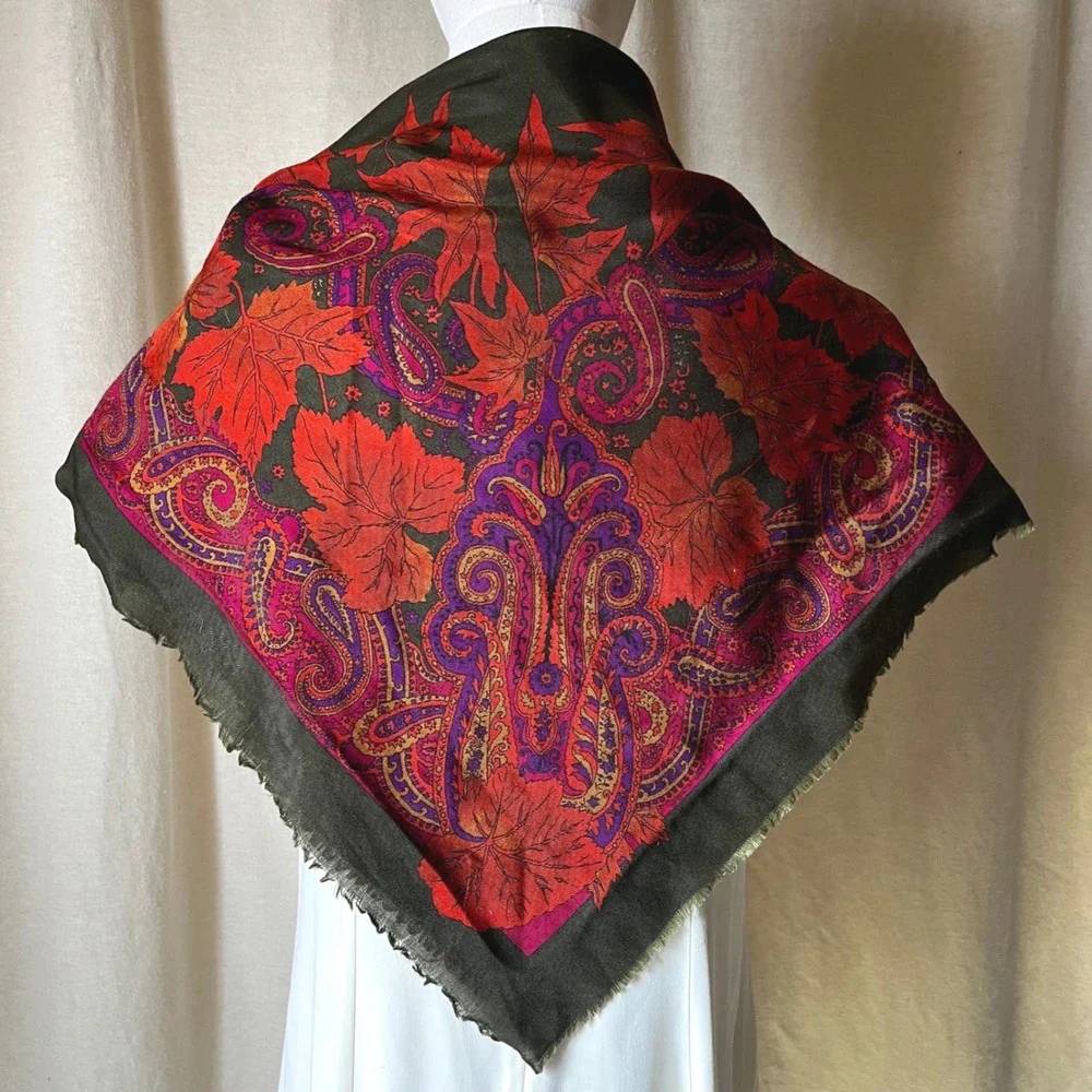 Vintage Donanni Italian Paisley Leaf Square Scarf 34x34 Green Red Purple